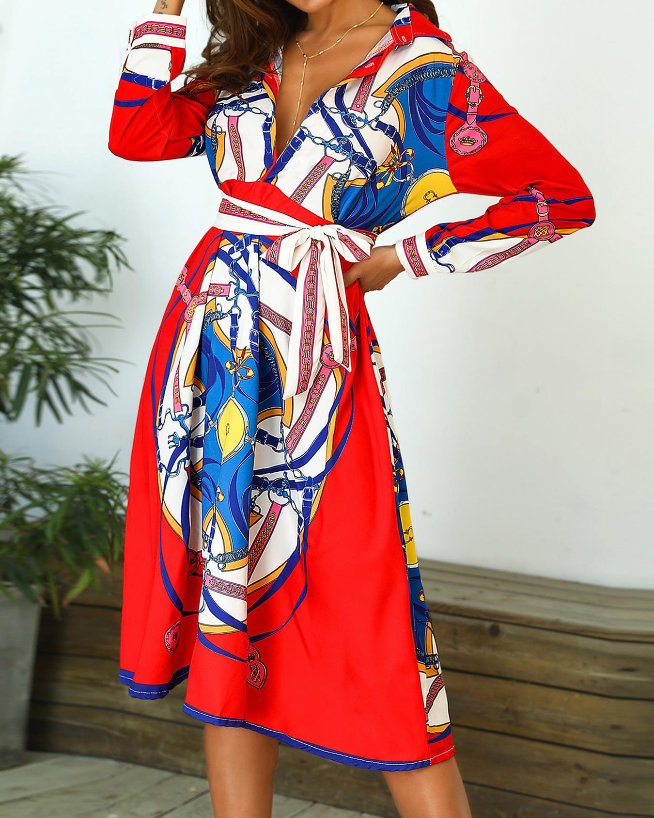 

Long Sleeve Scarf Print Casual Dress, Multicolor
