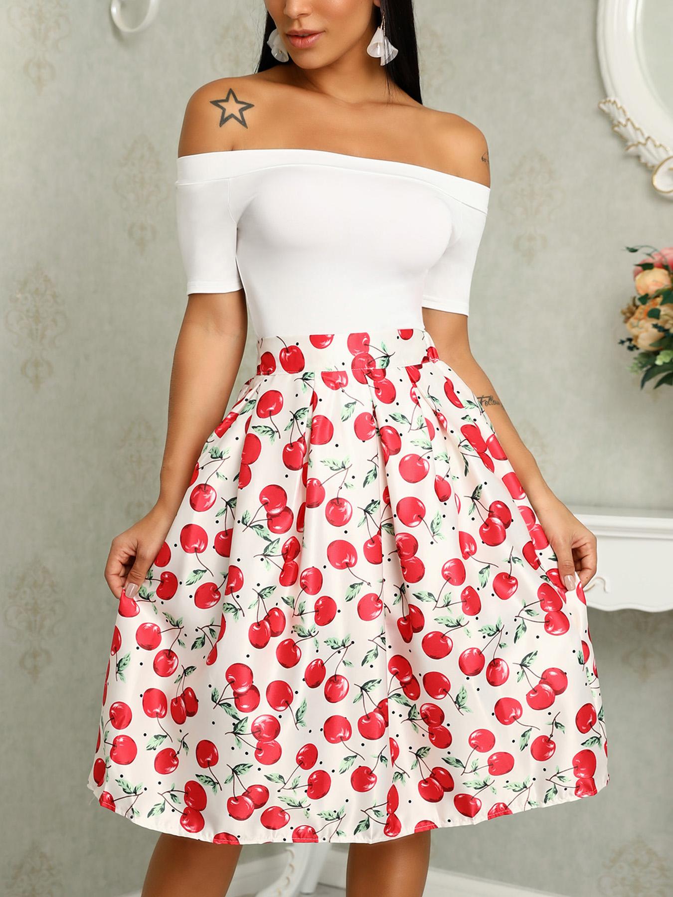

Cherry Print Pleated Casual A-Line Skirt