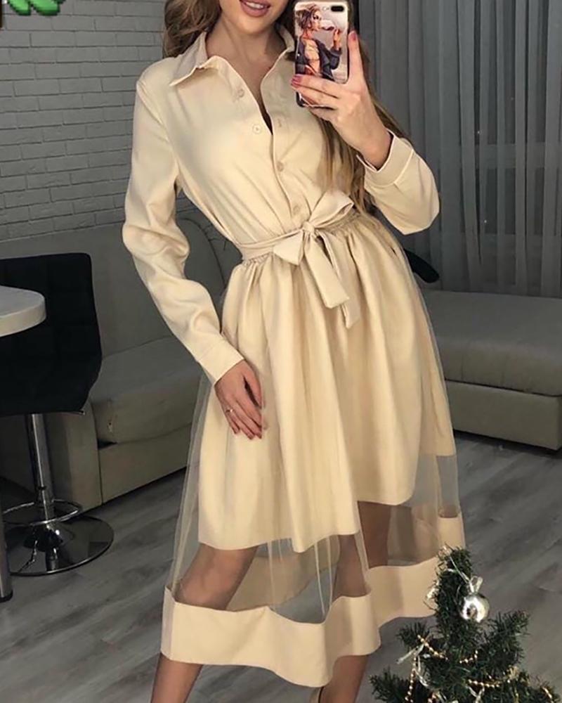 

Mesh Long Sleeve Buttoned Shirt Dress, Yellow
