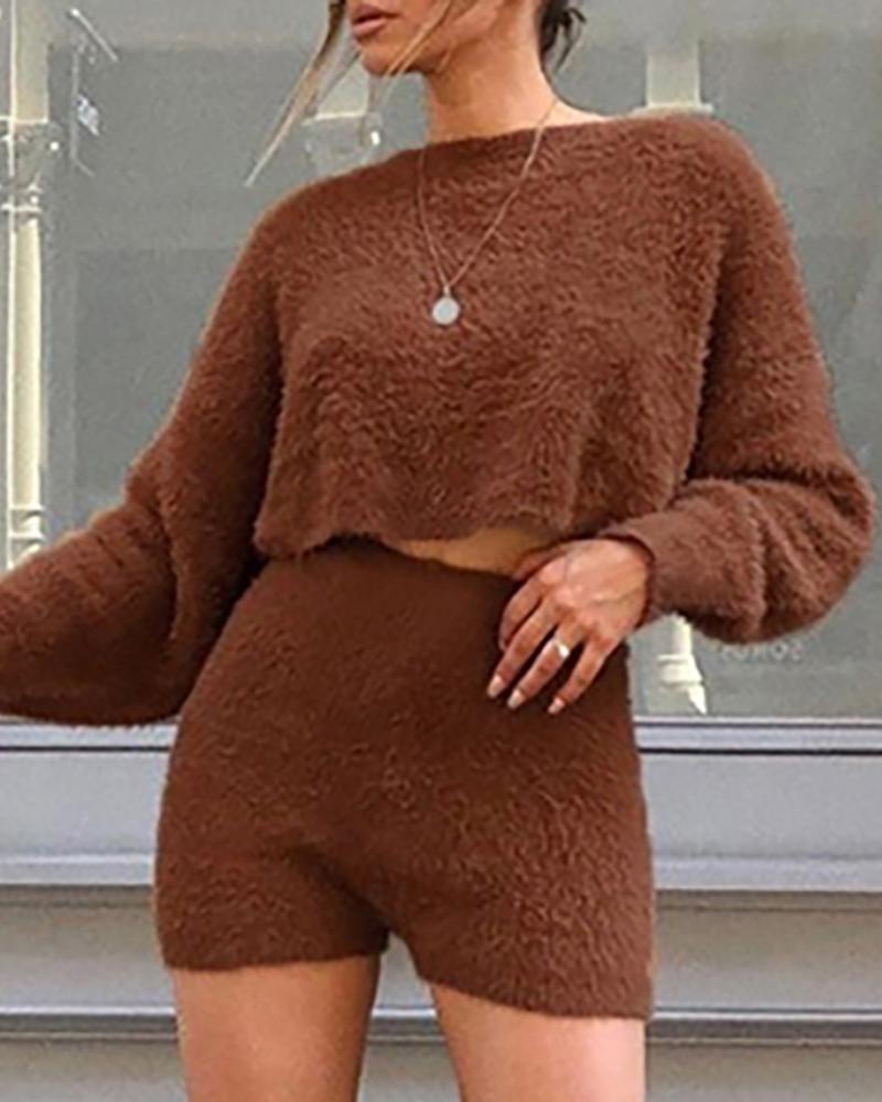 

Solid Suede Crop Top & Short Sets, Brown