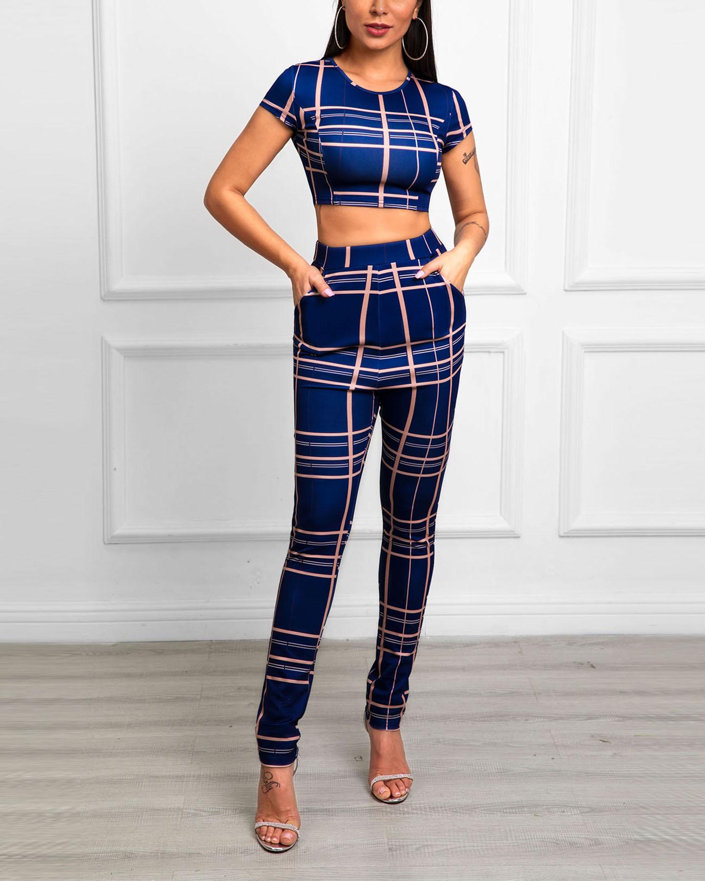 

Grid Short Sleeve Top & Pocket Pants Set, Purplish blue