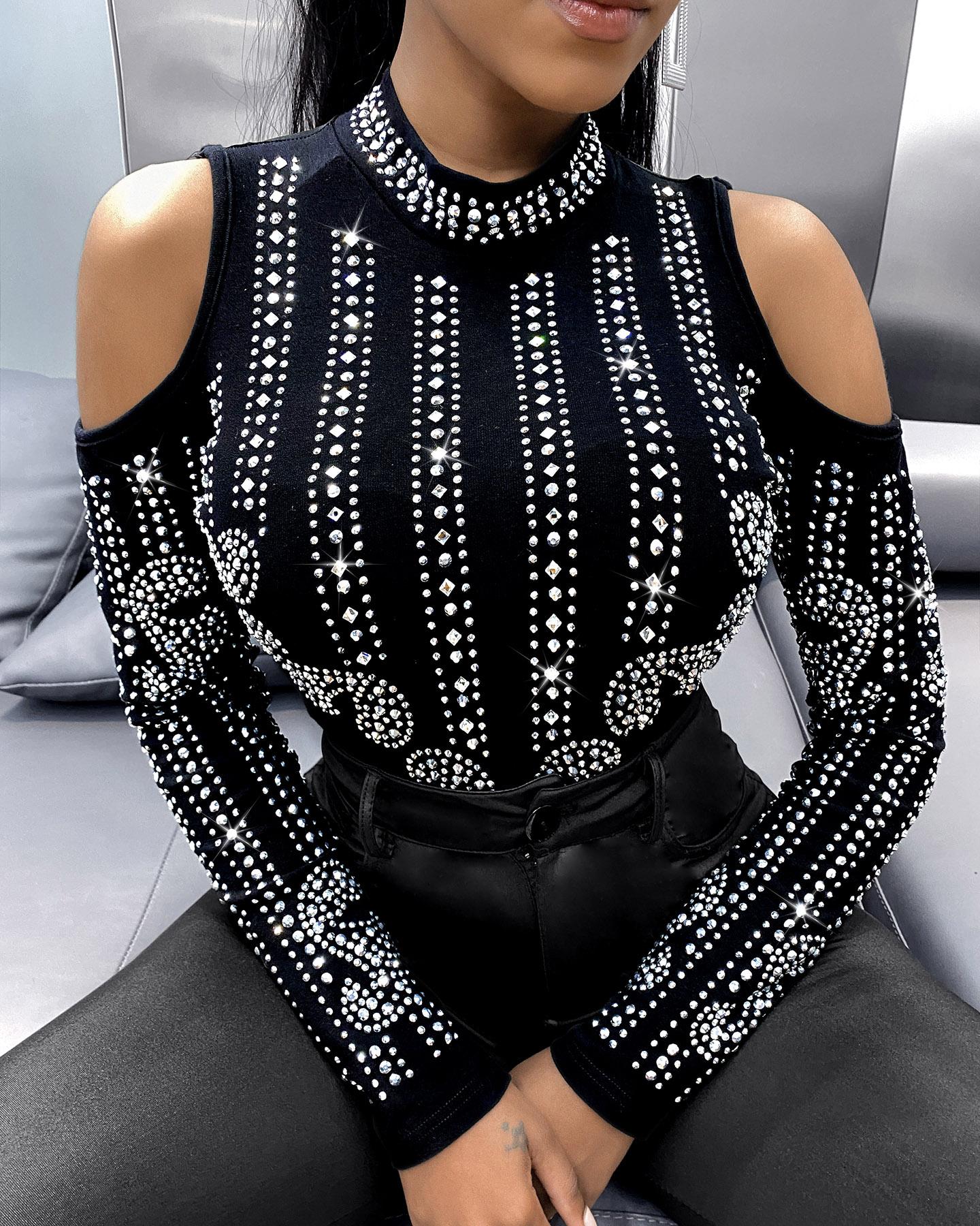 

Cold Shoulder Cutout Back Studded Bodysuit, Black