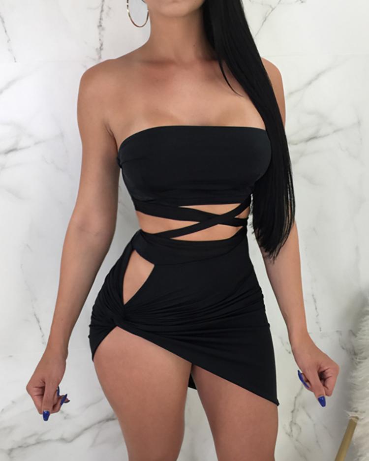 

Sexy Bandage Crop Top & Split Twisted Skirt Set, Black