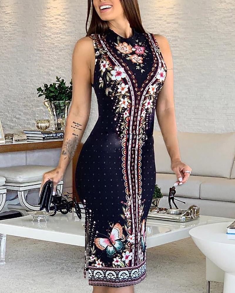 

Floral Print Sleeveless Slit Dress, Black