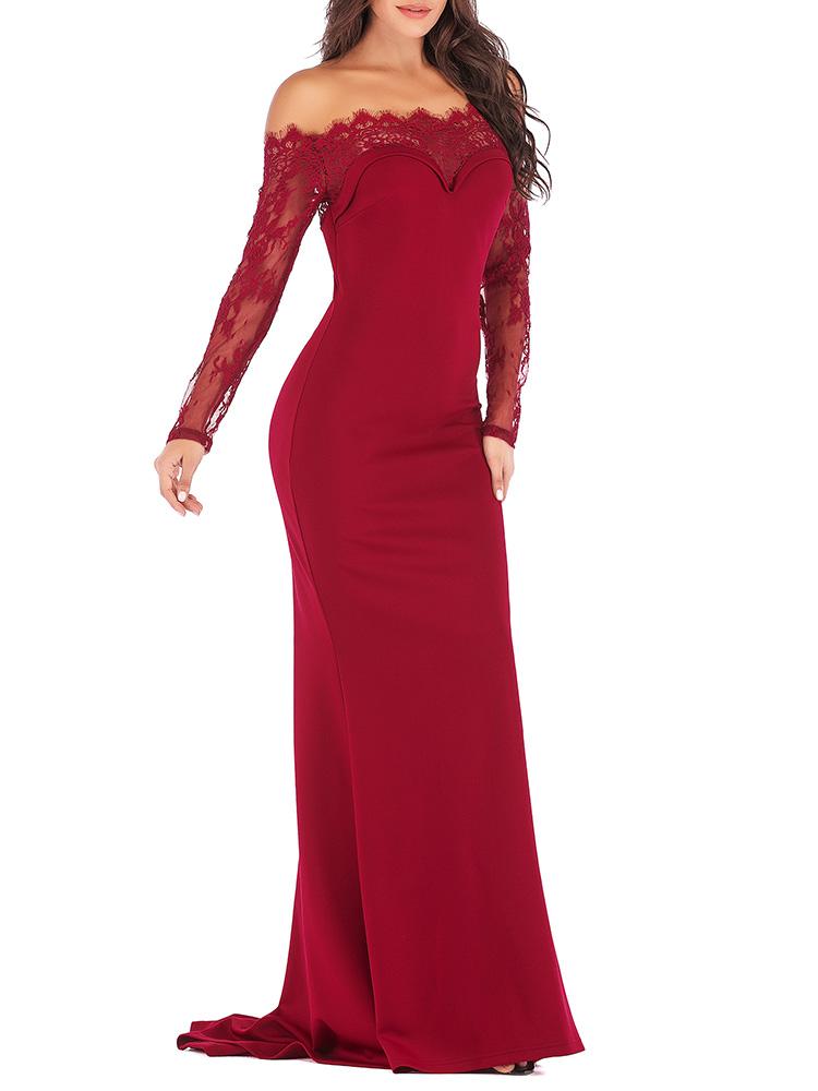

Eyelash Lace Mesh Splicing Evening Dress, Red