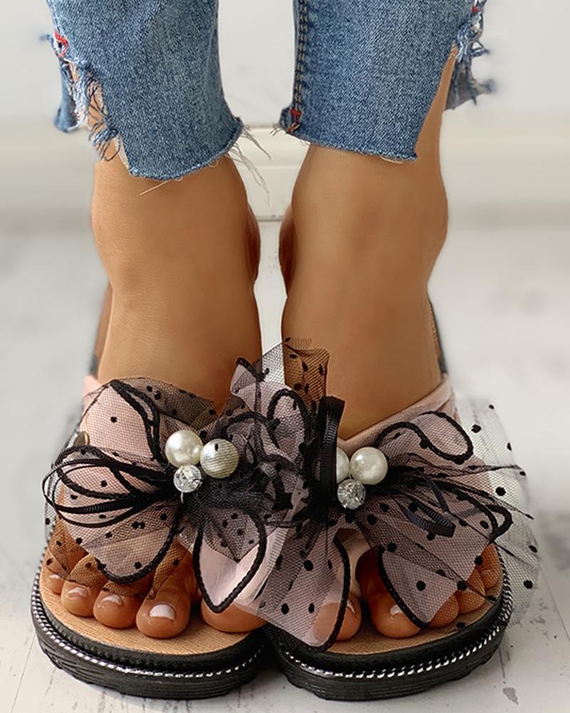 

Beaded Multi-Strap Mesh Bowknot Flat Sandals, Pink