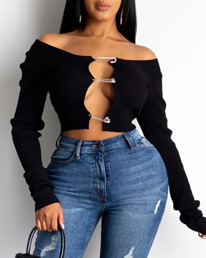 

Plain Ribbed Long Sleeve Crop Top, Black