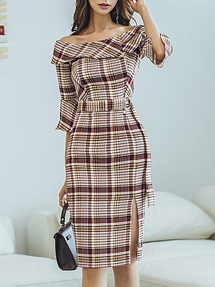 

Off Shoulder Plaid Ruffles Design Dress, Red