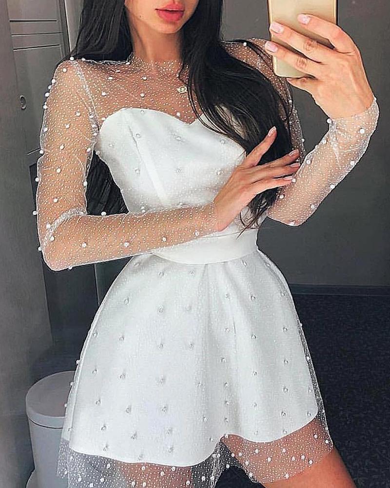 

Beaded Sheer Mesh Insert Long Sleeve Dress, White