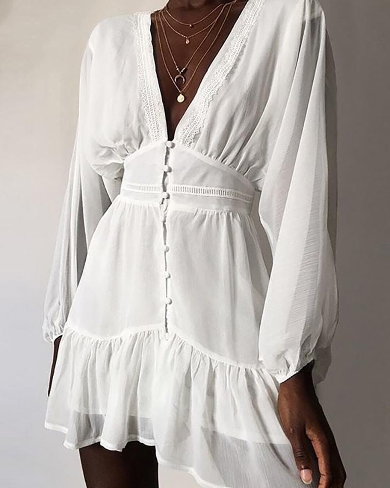 

Plunge Mesh Sleeve Lace Insert Ruffles Casual Dress, White