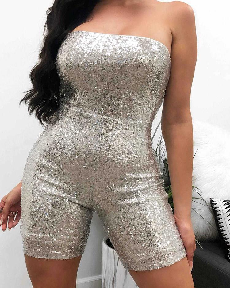 

Strapless Shiny Sequin Slinky Romper, Silver