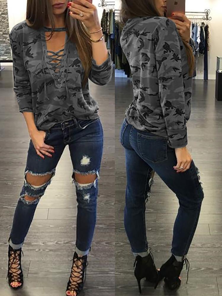 

Trendy Camouflage Print Lace Up Top