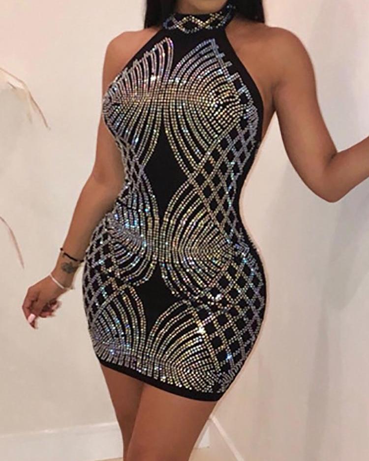 

Halter Hot Stamping Open Back Party Dress, Black