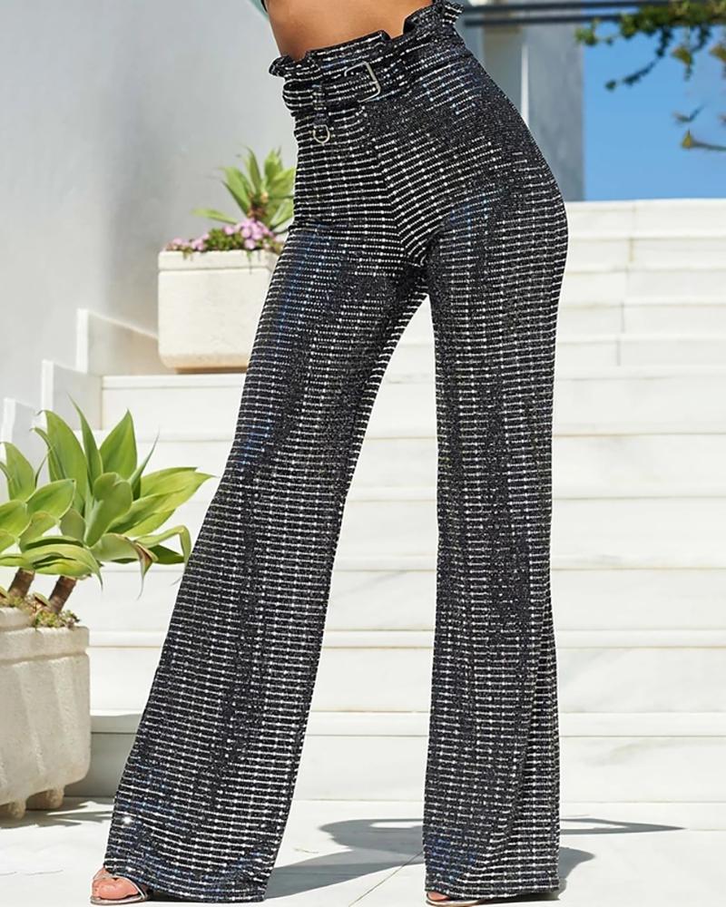 

Glitter High Waist Wide Leg Sequins Pants, Black