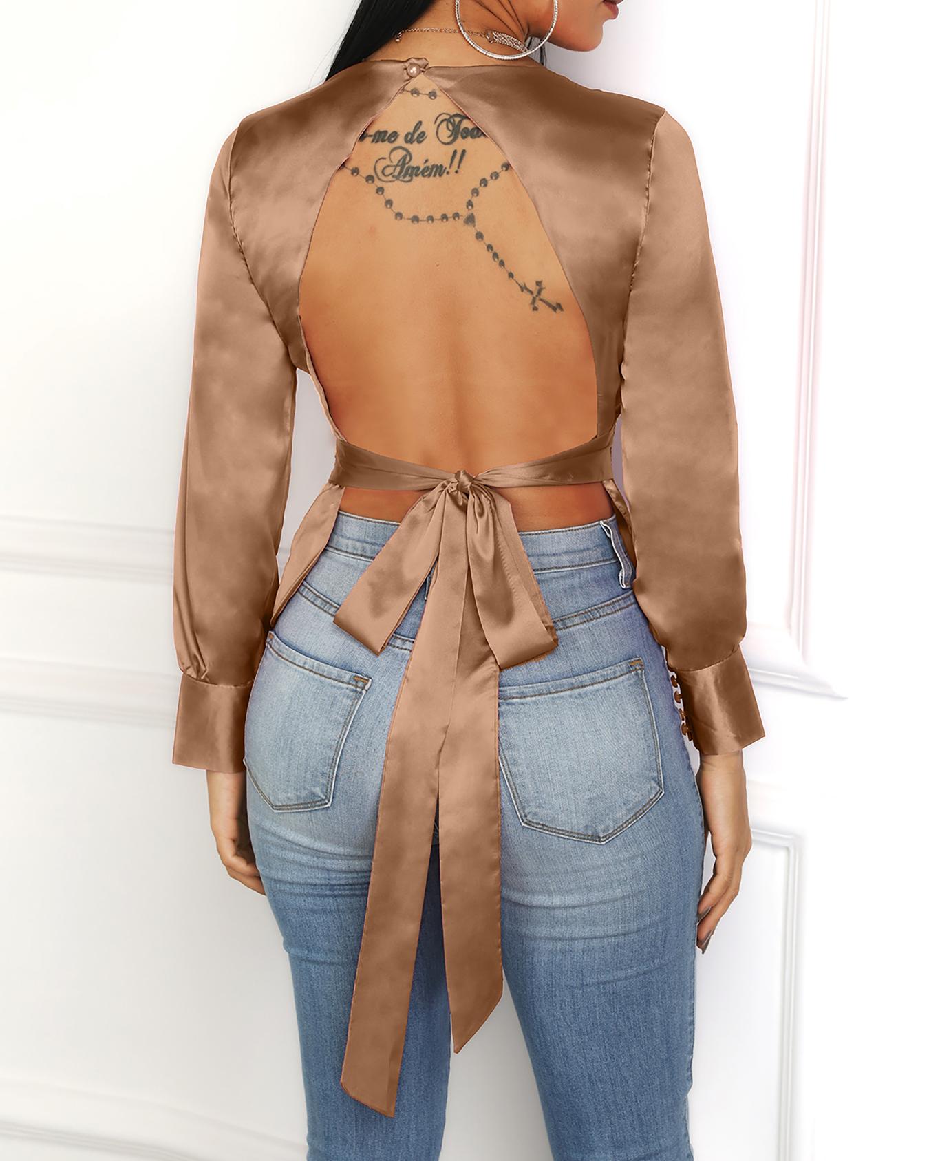 

Solid Bowknot Design Open Back Blouse, Brown