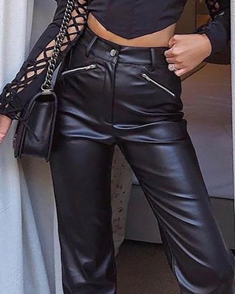

High Waist PU Leather Pants, Black