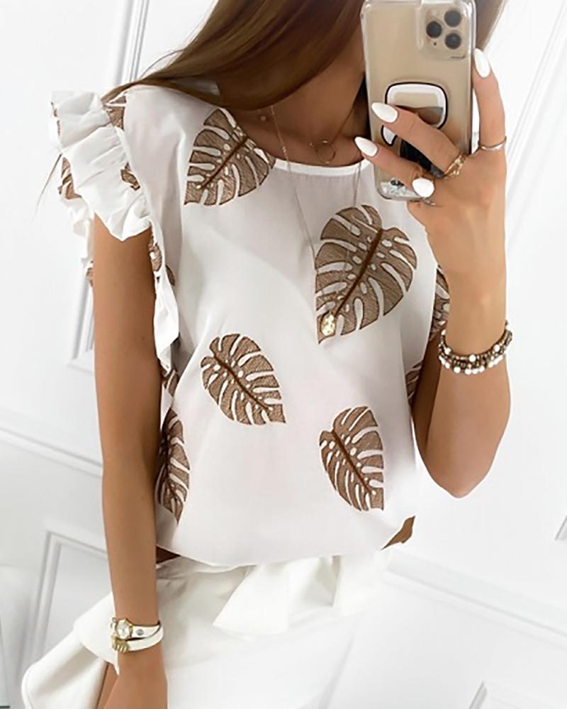 

Leaf Print Ruffles Sleeve Blouse, White