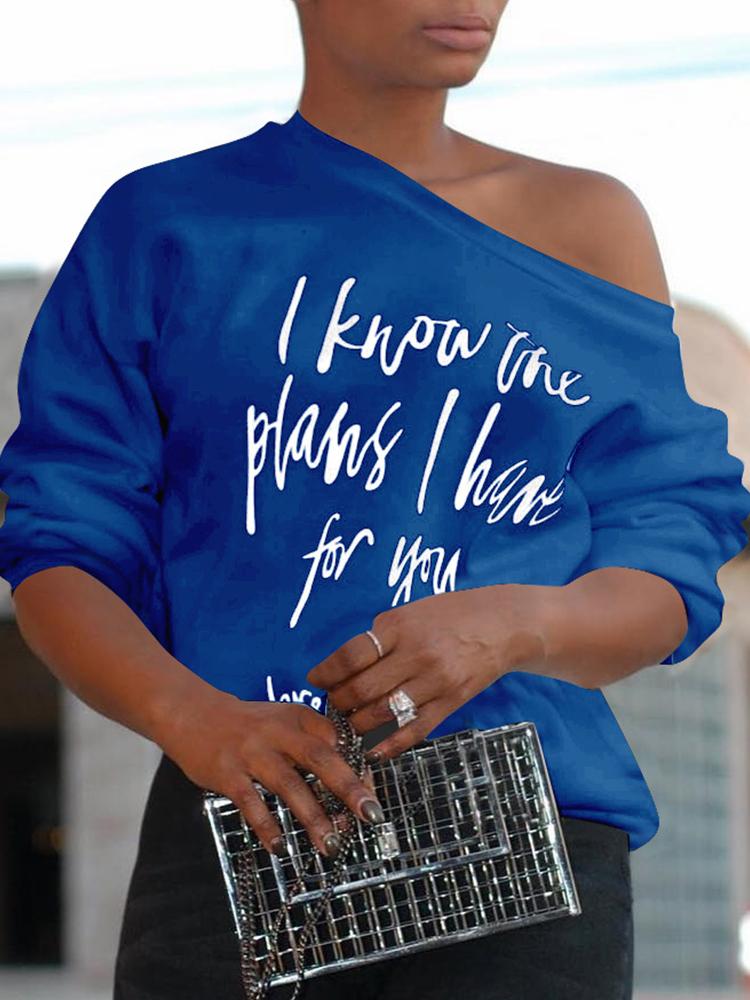 

Skew Neck Letter Print Long Sleeve T-shirt, Blue