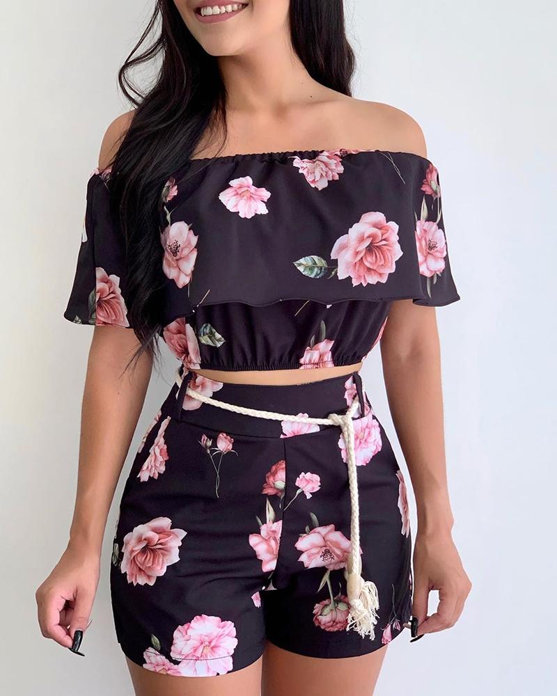 

Off Shoulder Floral Print Top & Short Sets, Black
