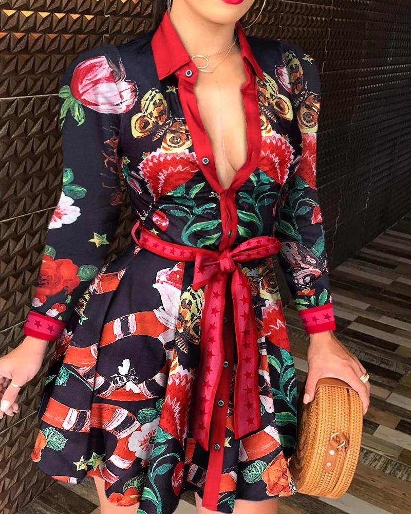 

Floral Star Print Tied Detail Shirt Dress, Multicolor