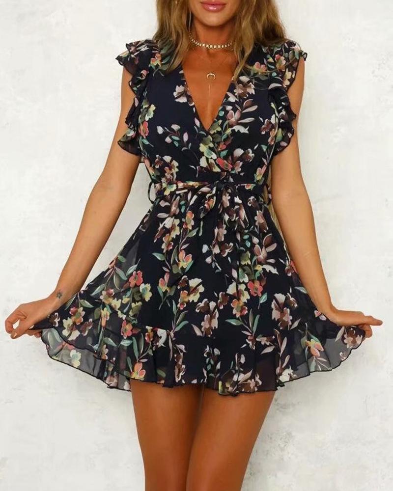 

V Neck Ruffle Trim Mini Dress, Blue