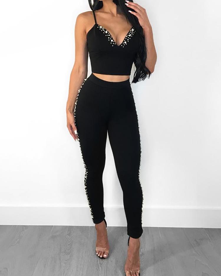 

Beaded Embellished Cami Top & Slinky Pants Set, Black