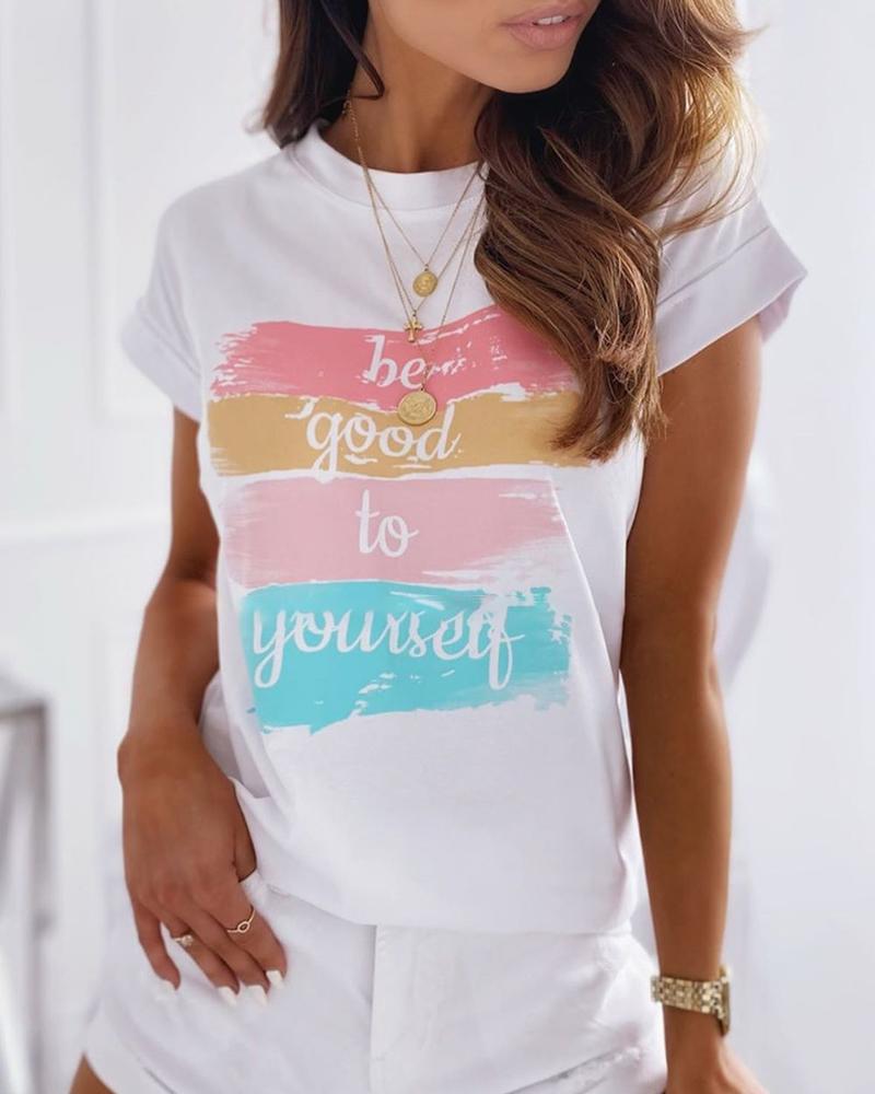 

Colorblock Letter Print Short Sleeve Casual T-shirt, White