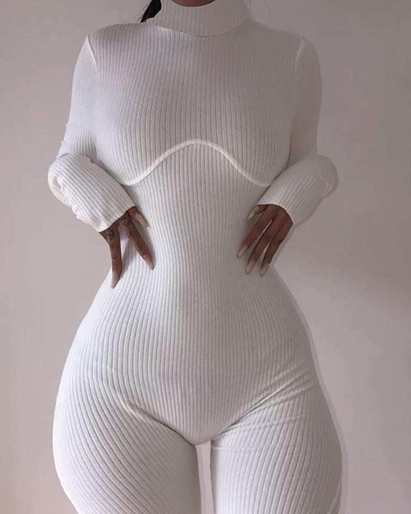 

Plain Ribbed Mock Neck Skinny Romper, White