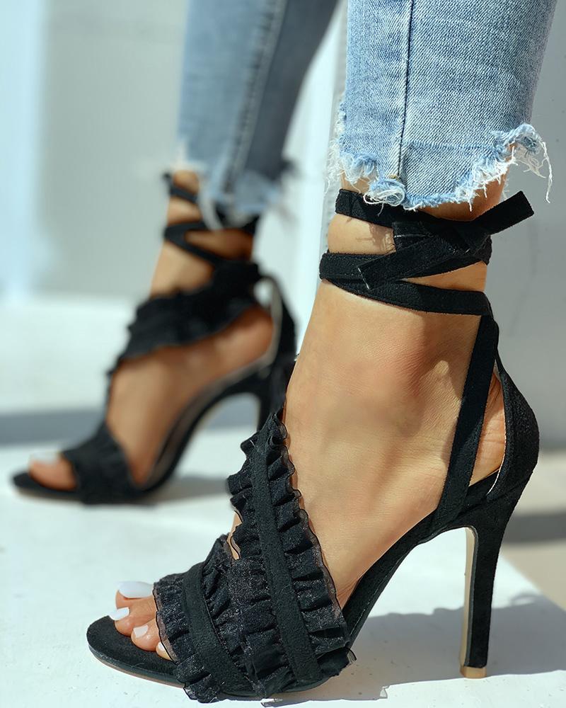 

Suede Ankle Strap Frill Hem Thin Heels, Black