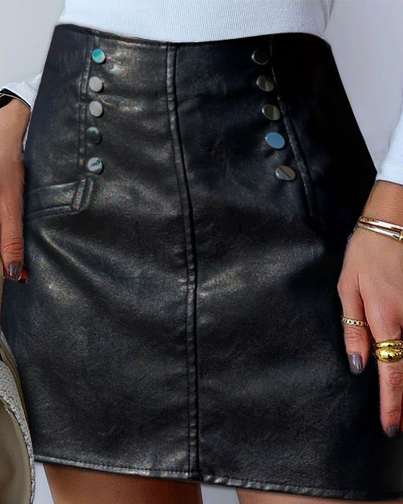 

Button Design High Waist PU Leather Skirt, Black