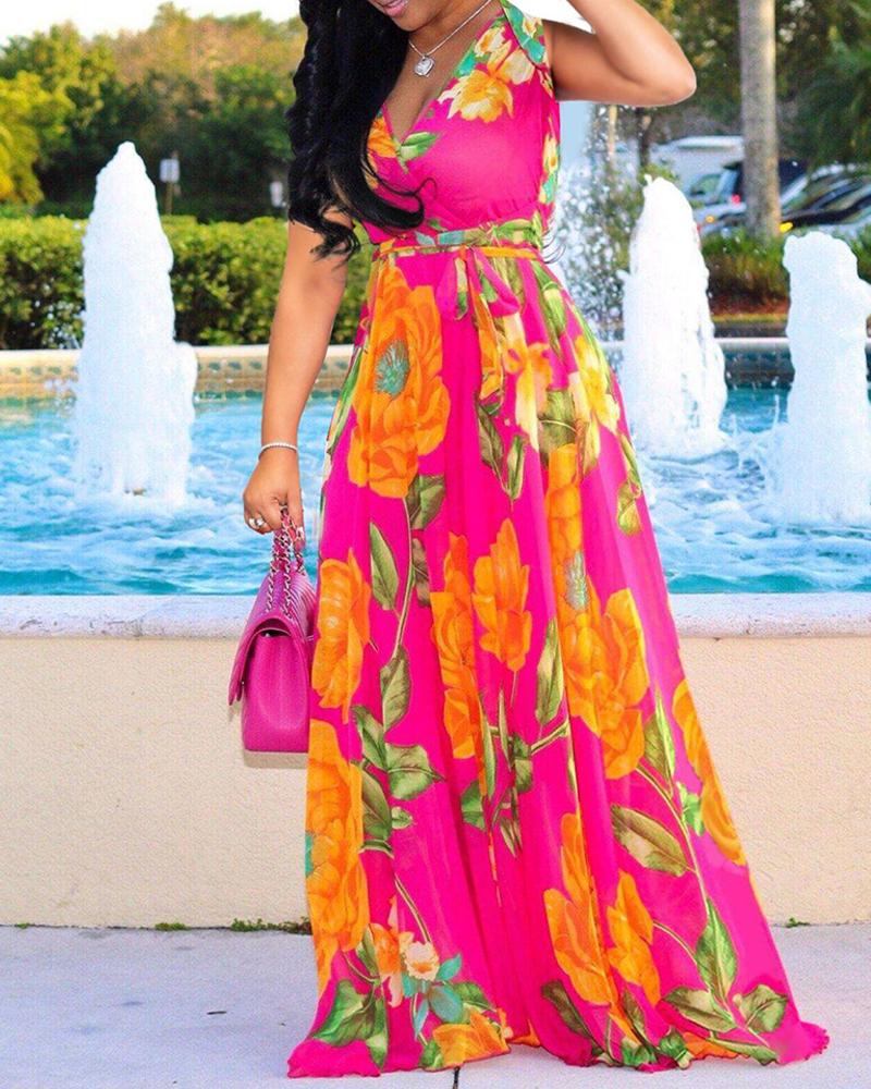 

Floral Print Mesh Sleeveless Maxi Dress, Hot pink