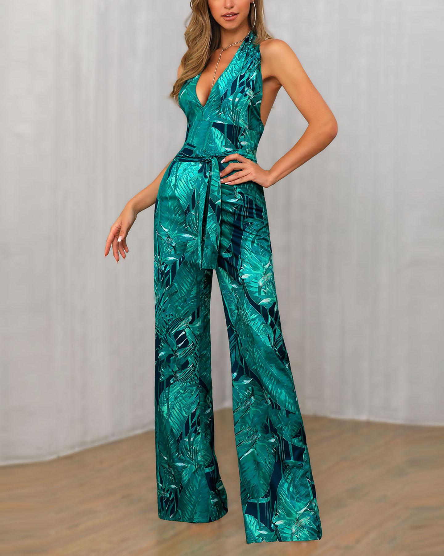 

Tropical Print Halter Plunge Jumpsuit, Green