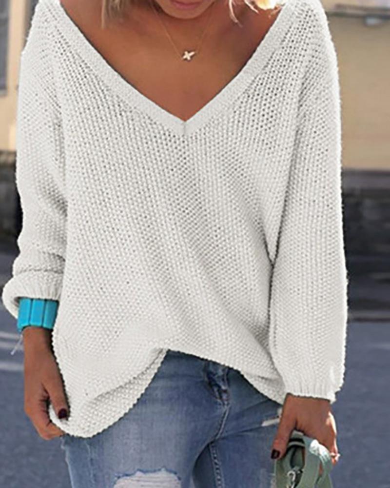 

Solid V Neck Long Sleeve Loose Pointelle Sweater