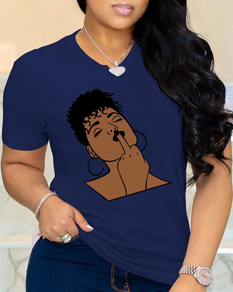 

Figure Graphic Print Short Sleeve Casual T-shirt, Dark blue