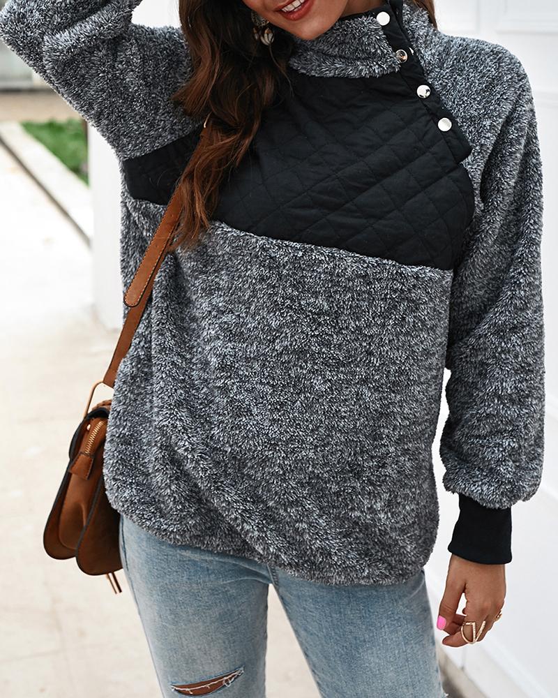 

Fluffy Colorblock Buttoned Detail Casual Sweatshirt, Black
