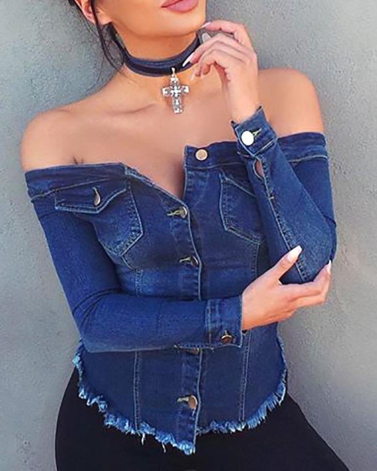 

Fashion Off Shoulder Button Denim Casual Top, Dark blue