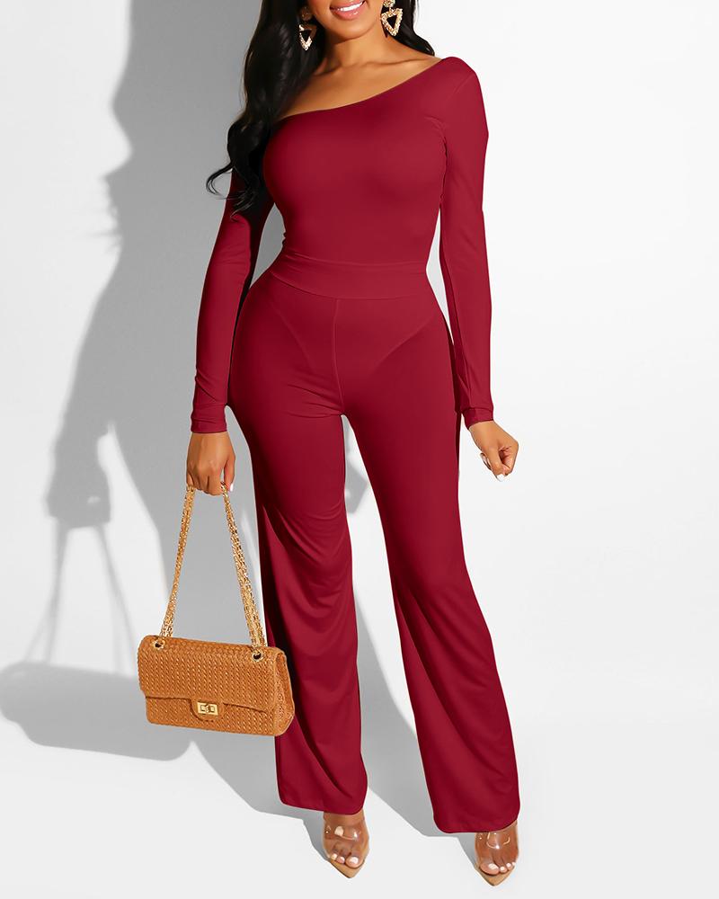 

Solid Long Sleeve Skew Neck Jumpsuit, Wine red