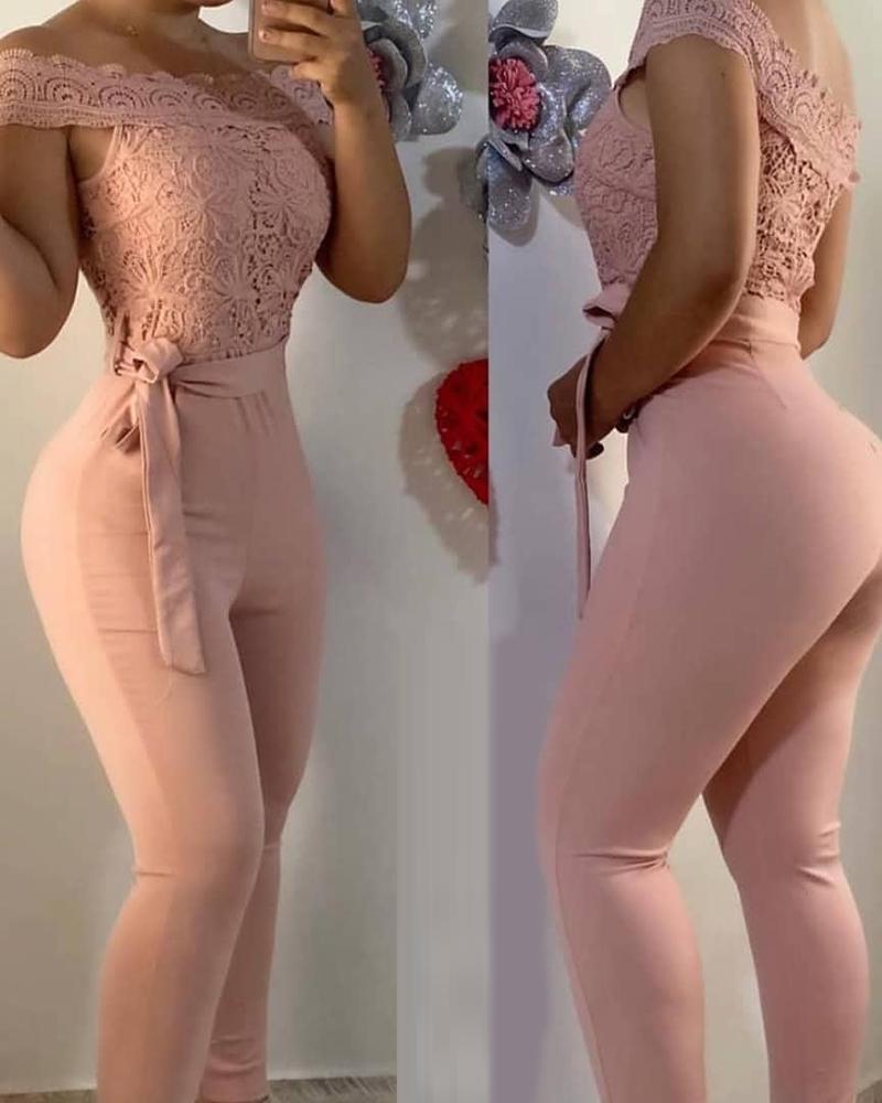 

Off Shoulder Lace Skinny Jumpsuit, Pink