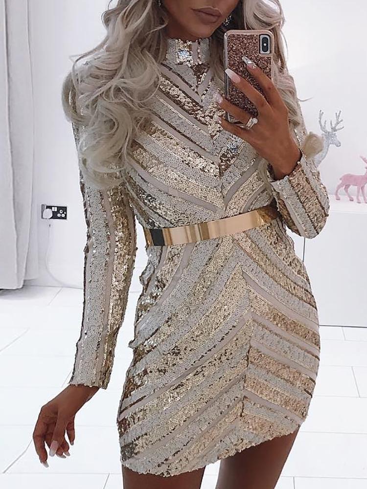 

Chevron Stripes Bodycon Mini Sequin Party Dress