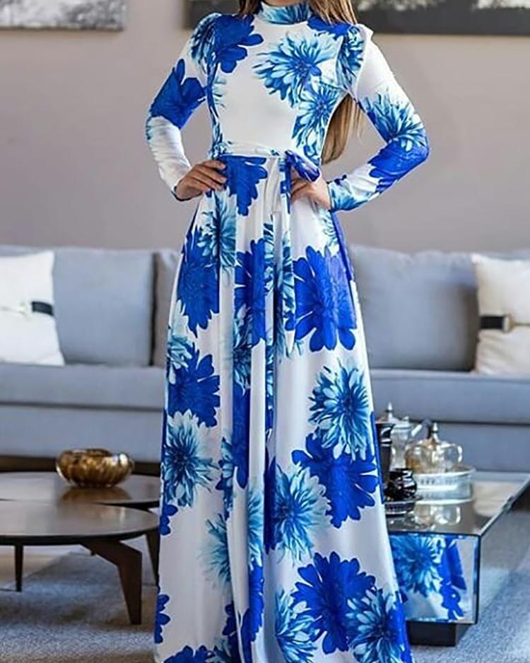 

Floral Print Long Sleeve Belted Maxi Dress, Blue