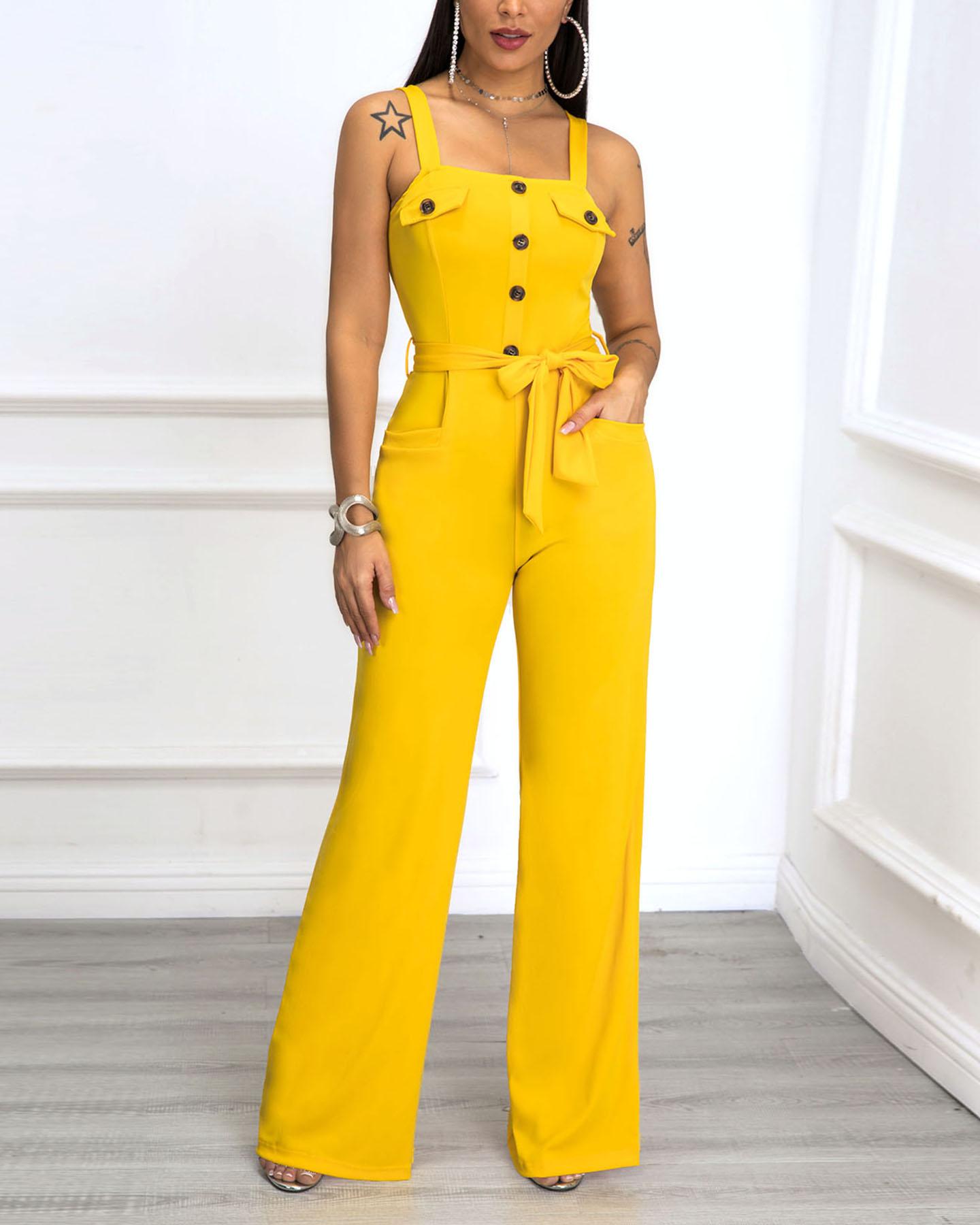 

Button Detail Wide Leg Suspender Jumpsuits, Yellow