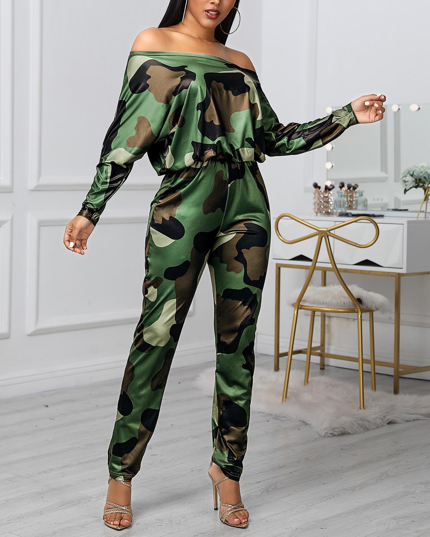 

Off Shoulder Camouflage Long Sleeve Jumpsuit, Camoflage