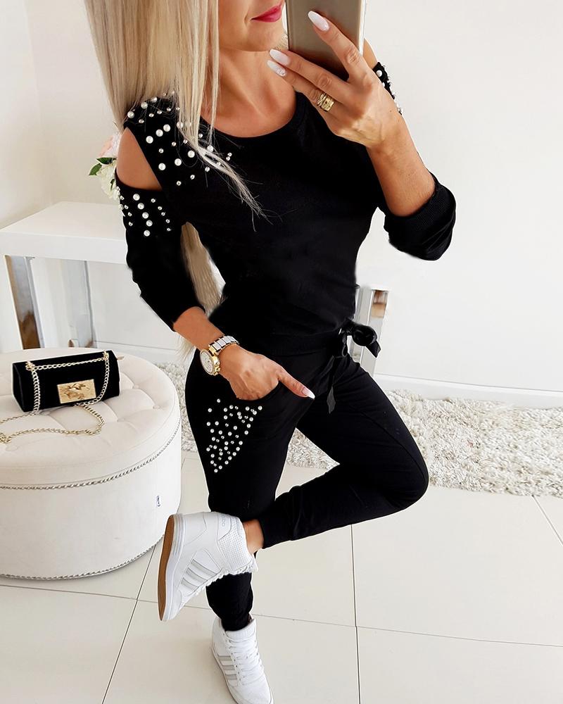 

Cold Shoulder Beaded Top & Pants Sets, Black