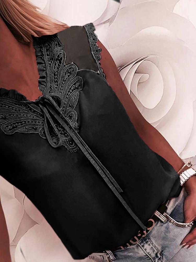 

Lace Applique Tied Neck Loose Blouse