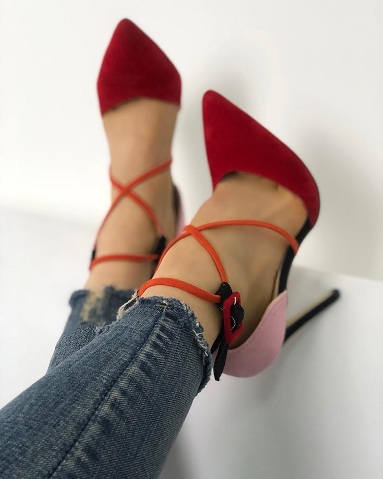 

Splicing Lace-up Buckle Point Toe Pump Shoes, Red