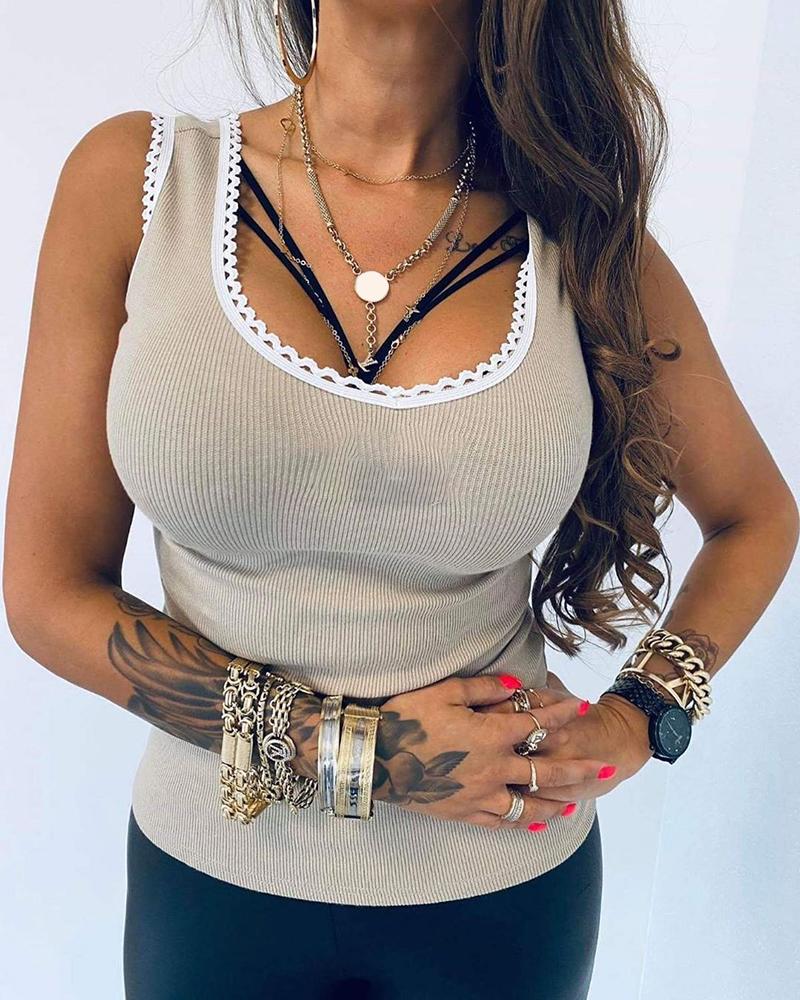 

Solid U-neck Thick Strap Ribbed Casual Top, Coffee