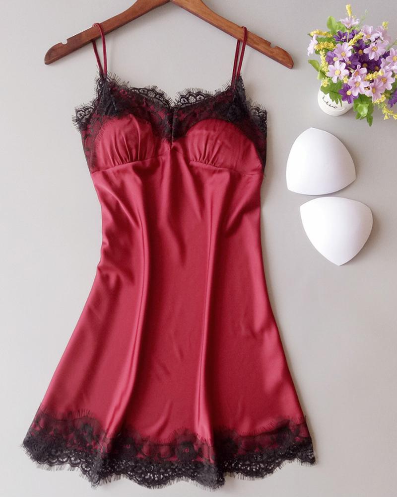 

Spaghetti Strap Lace Trim Cami Dress, Wine red