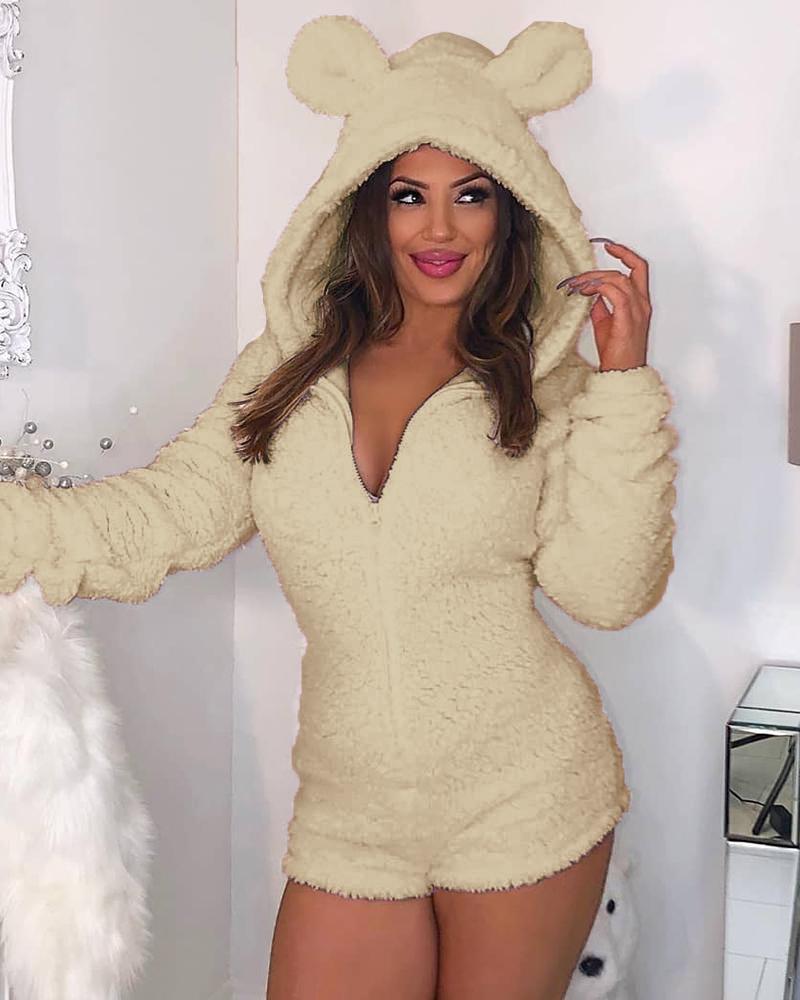 

Fuzzy Bear Zipper Front Hooded Romper, Apricot