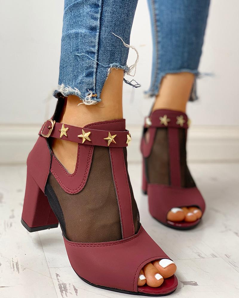 

Studded Mesh PU Splicing Peep Toe Chunky Heels, Wine red
