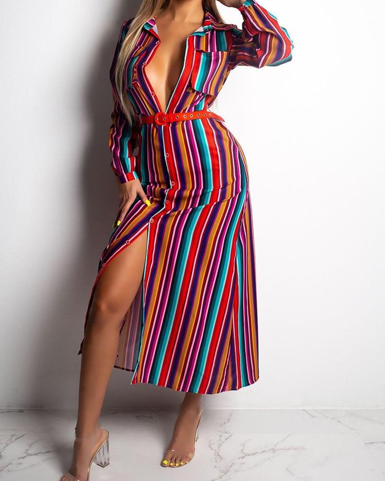

Striped Long Sleeve Belted Slit Shirt Dress, Multicolor